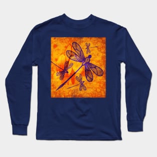 Navy-blue dragonflies on vivid orange Long Sleeve T-Shirt